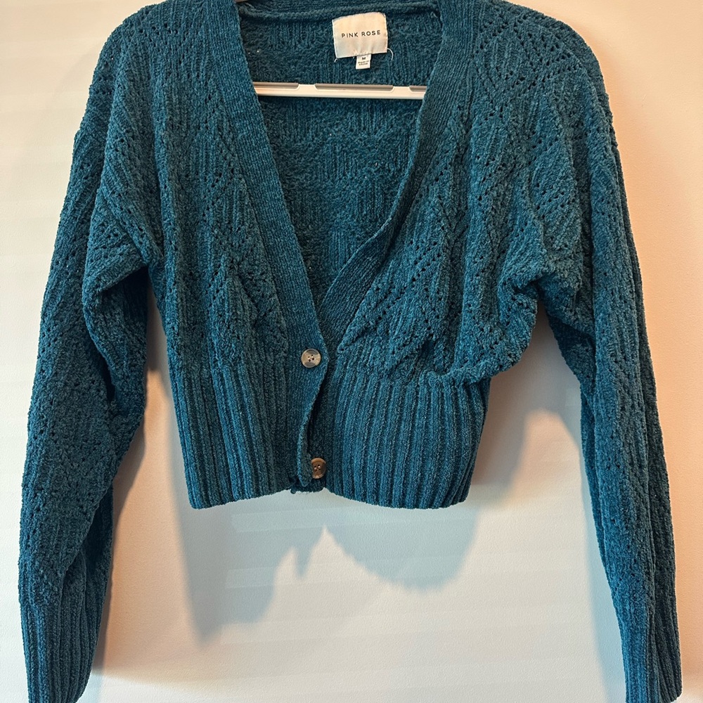 Pink Rose Teal Cardigan Sweater